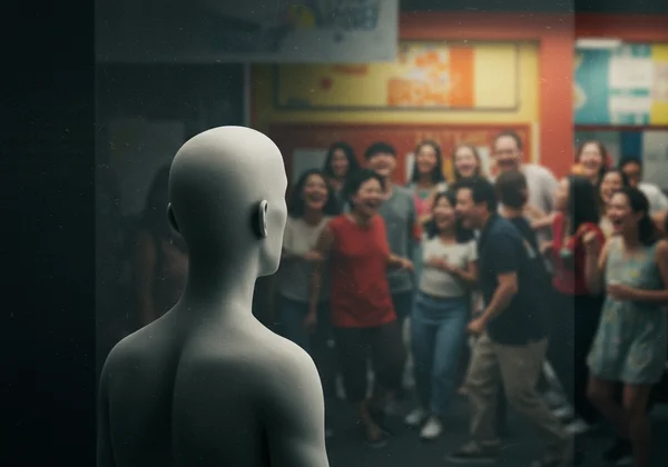 A person feeling numb, disconnected from a vibrant, joyful scene