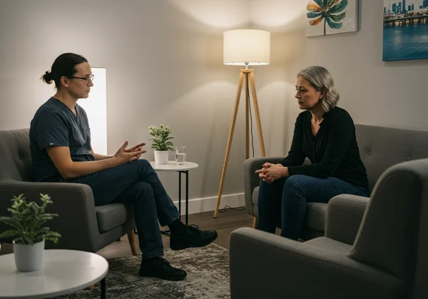 Person speaking with a therapist, seeking professional help