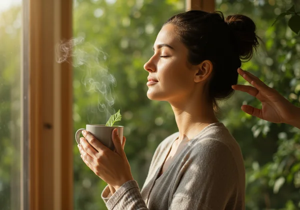 Person practicing mindfulness, focusing on present senses