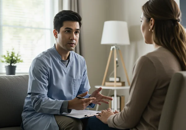 Person talking with a therapist, seeking professional support